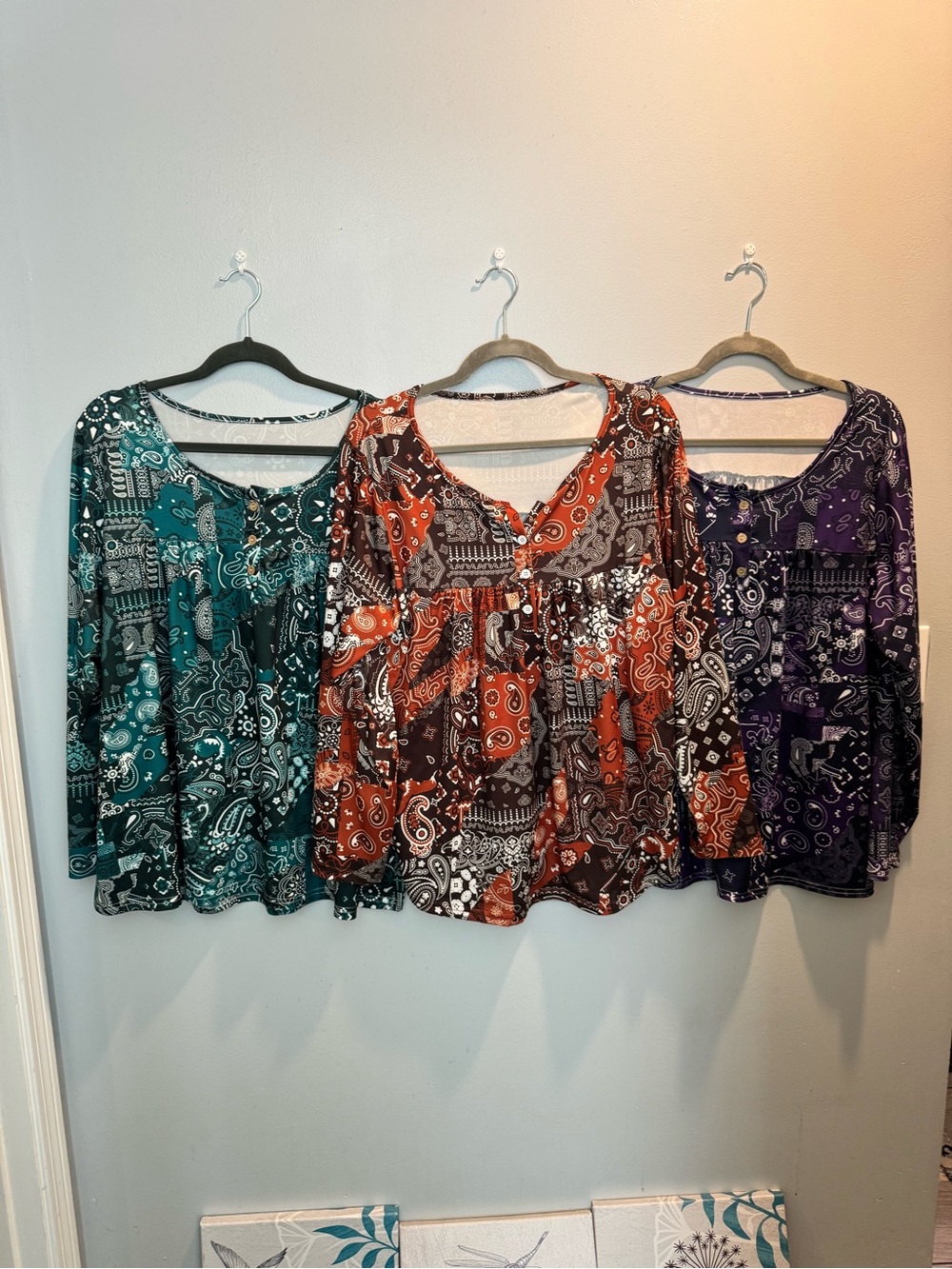 3 multi-colored boho style tops w/paisley & geometric print plus size 2XL